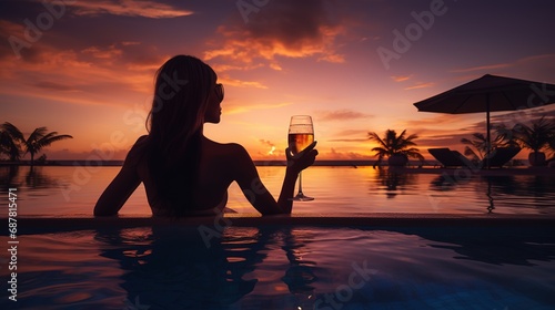 Woman watching the sunset with a cocktail in an infinity pool, showcasing luxury lifestyle, vacation, resort, wealth, and opulence photo