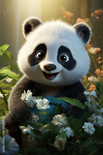 Cartoon cute panda in summer day. Illustration  AI Generative