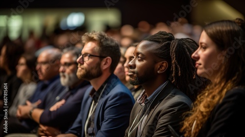 Candid shot of engaged conference attendees attentively listening to captivating speaker photo