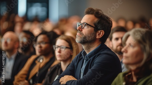 Candid shot of engaged conference attendees attentively listening to captivating speaker