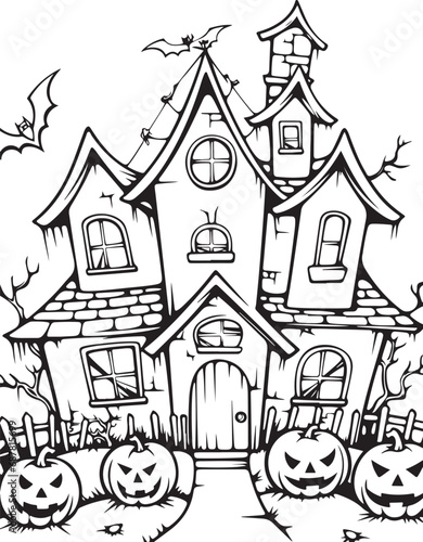 haunted halloween house coloring page illustration 
