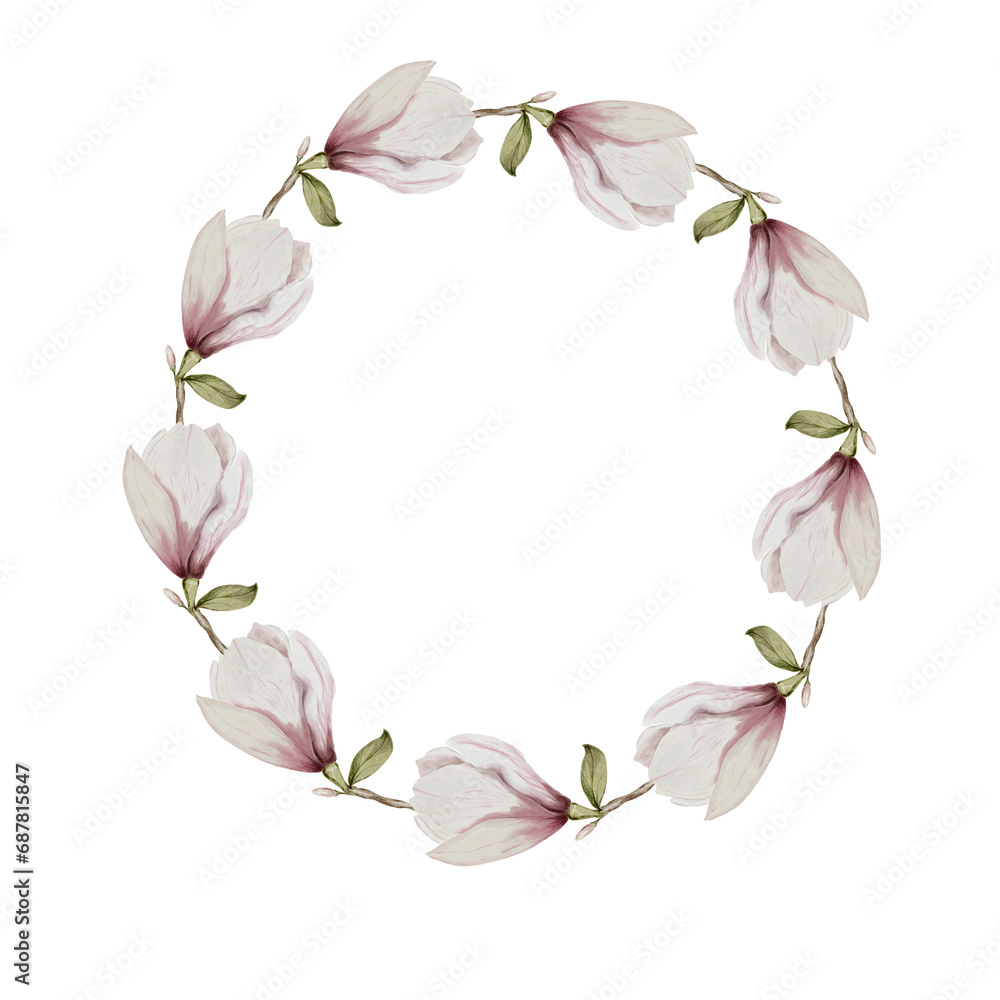 Watercolor round frame and magnolia flowers. Floral wreath with elegant flowers on a white background isolate. For designing cards and invitations for weddings and anniversaries.