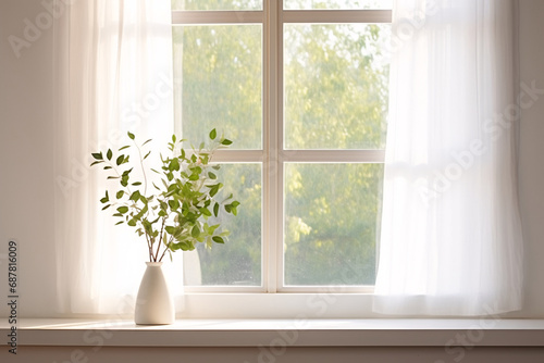 A window with sheer white curtains gently billowing in the spring breeze, maintain a soft and muted color scheme to convey a sense of tranquility and simplicity.