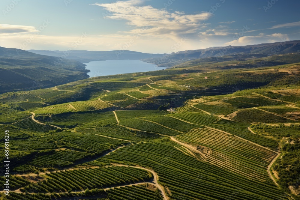Aerial view of beautiful vineyard landscape in Greece.