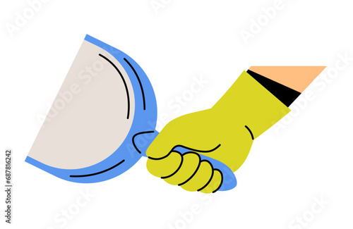Cleaning service, hand in glove holding dust pan