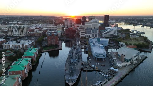 Norfolk at sunrise. Aerial view of waterside and USS Wisconsin BB-64. Virginia ports at Elizabeth River. photo