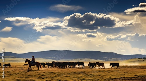 A group of ranchers herding cattle across vast plains