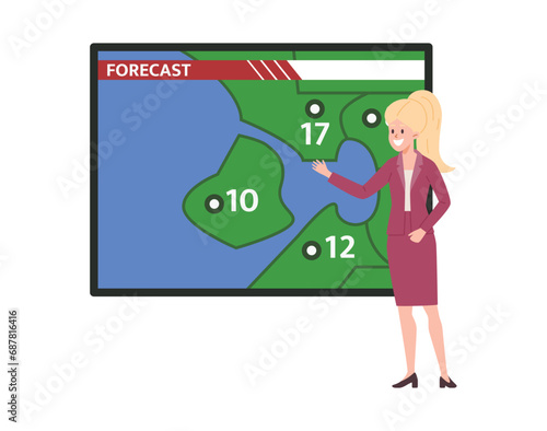 Meteorologist tell the weather forecast and temperature in different countries.