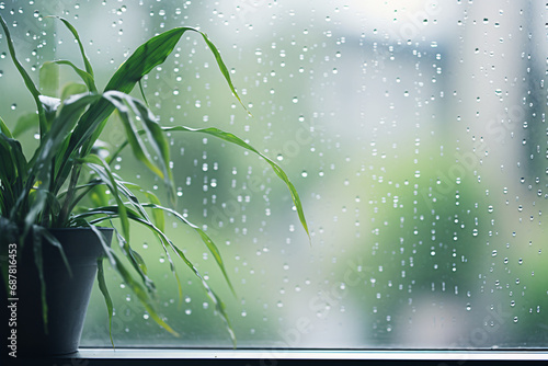 Rainy Day Renewal: Capture a mid-range view of raindrops on a window, symbolizing the cleansing and renewal of spring.
