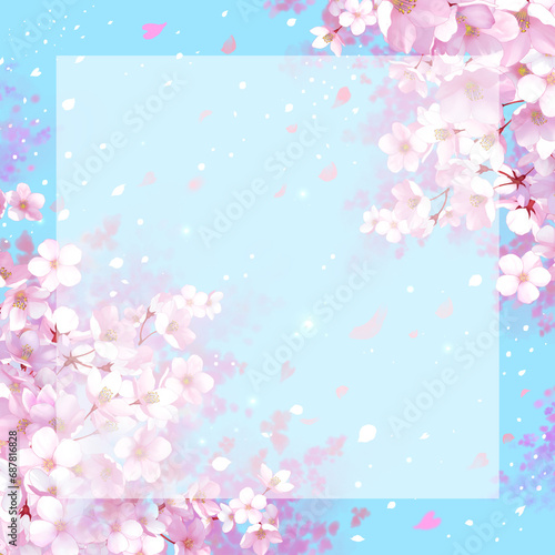 桜と青空の背景素材 枠 桜吹雪 お花見 入学 卒業 入園 卒園 入社 ひな祭り 雛祭り 正方形