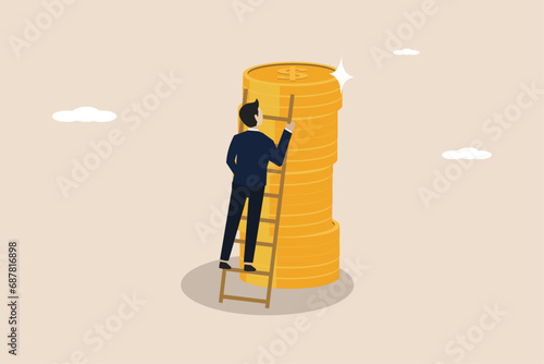 Wages, income or salary increases, investment profits increase, successful businessman investor climbs the ladder from a low pile of dollar money to a higher one.