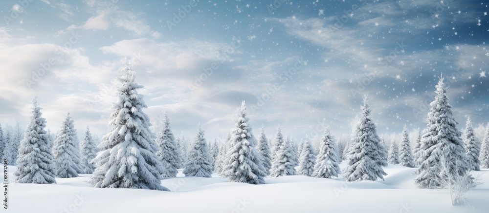 Naklejka premium Fir trees covered in snow as a Christmas backdrop.