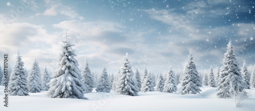 Fir trees covered in snow as a Christmas backdrop.