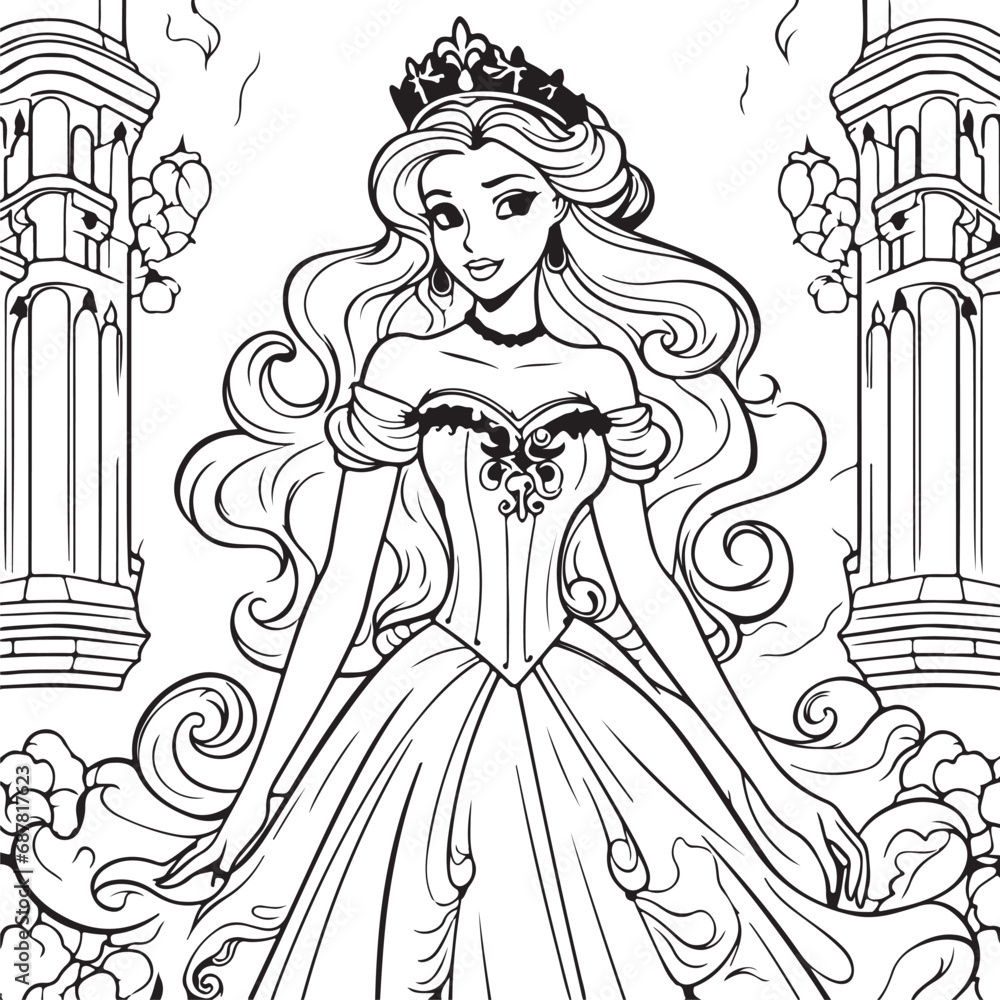 Fototapeta premium cute cartoon princess drawing for coloring hand drawn illustration