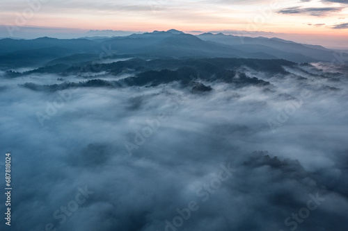 Morning Sky and Mountains,view of sunrise or sunset over mountain and misty.