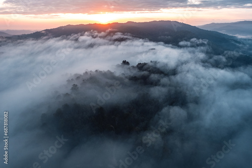 Morning Sky and Mountains,view of sunrise or sunset over mountain and misty.