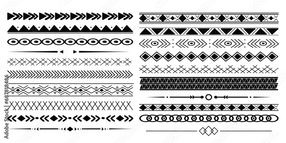 Set tribal ethnic arrow dividers, native indian bow boho in doodle style isolated on white background. Collection borders, decoration elements - obrazy, fototapety, plakaty 