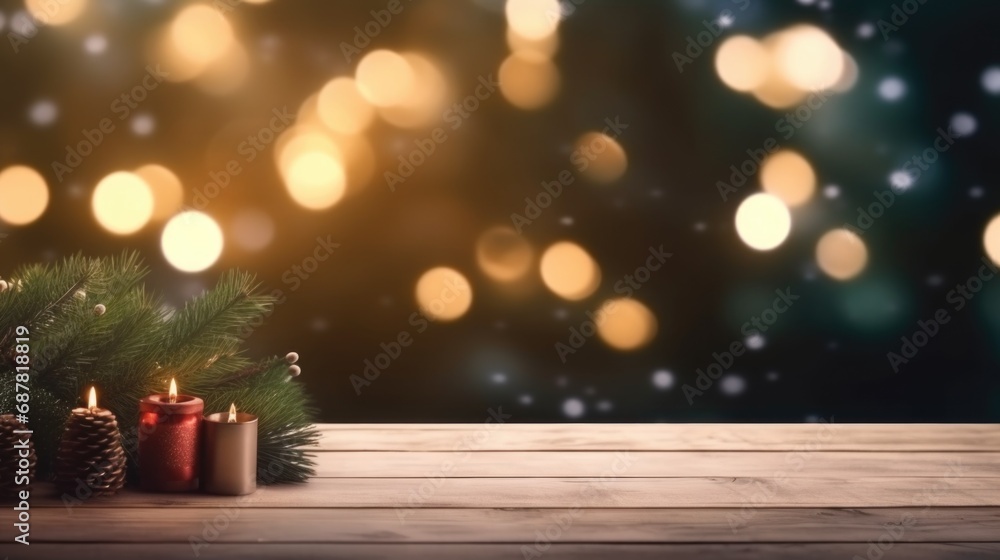 Merry Christmas and Happy New Year background with empty wooden table over Christmas tree and blurred light bokeh. Empty display for product placement. Rustic vintage Xmas 2024 background. comeliness