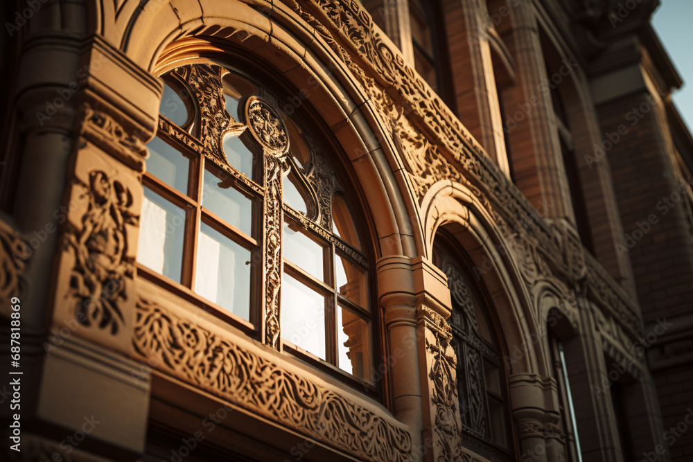 The beauty of European style building exterior, use a close-up view to focus on windows in a historical building, highlighting its intricate details.