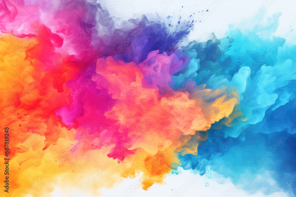 Vibrant cloud of paint in various colors against clean white background. Perfect for artistic projects and creative designs.
