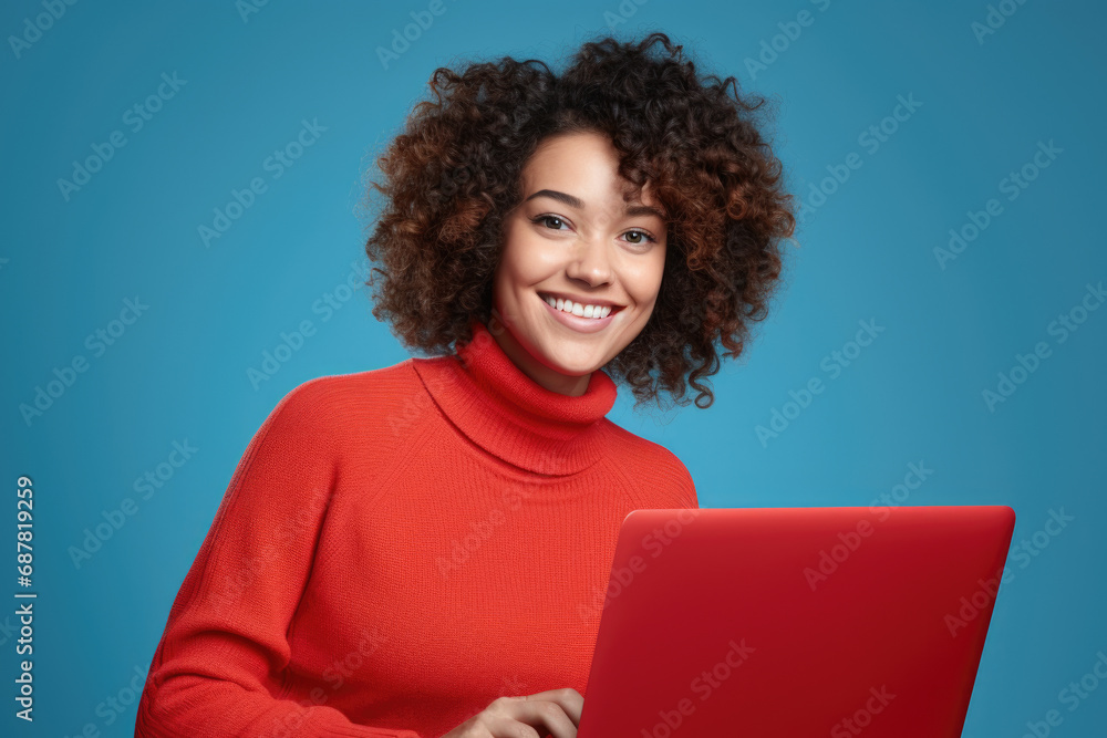 Woman wearing red turtle neck sweater using red laptop. This image can be used to illustrate technology, working from home, or online communication. Woman wearing red turtle neck sweater using red laptop. This image can be used to illustrate technology, working from home, or online communication.