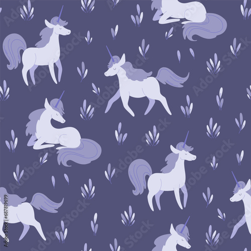 Seamless pattern magical purple unicorns in forest