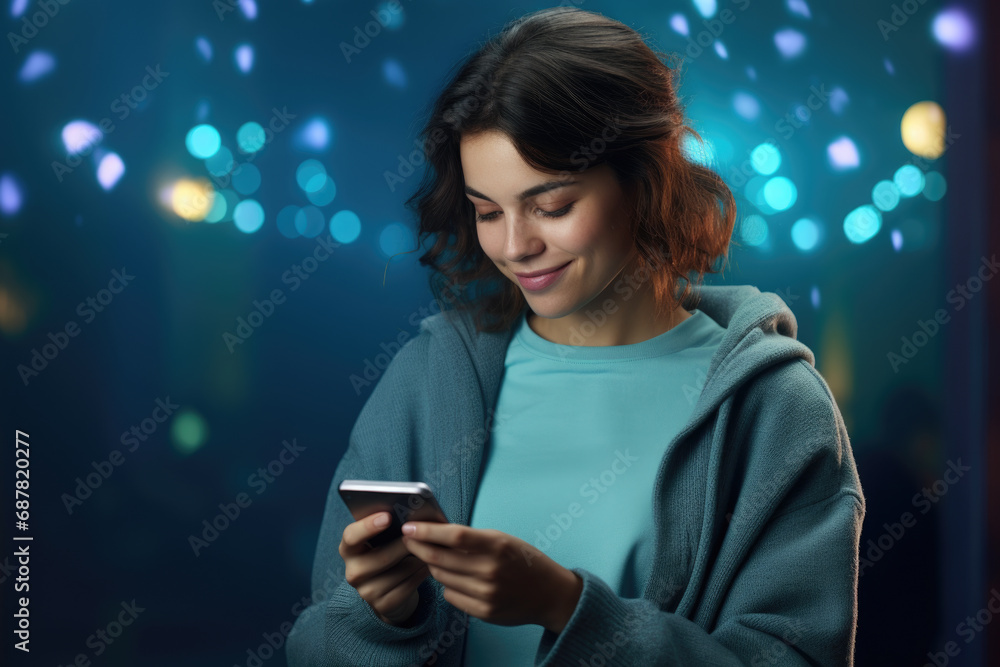 Woman looking at her cell phone in dark environment. Suitable for technology and communication concepts. Woman looking at her cell phone in dark environment. Suitable for technology and communication concepts.