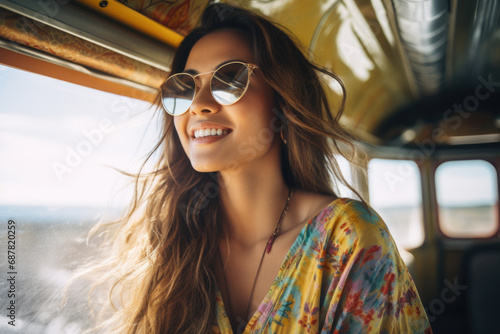 Woman wearing vibrant dress and stylish sunglasses sitting on bus. Perfect for travel and fashion-related projects. © vefimov