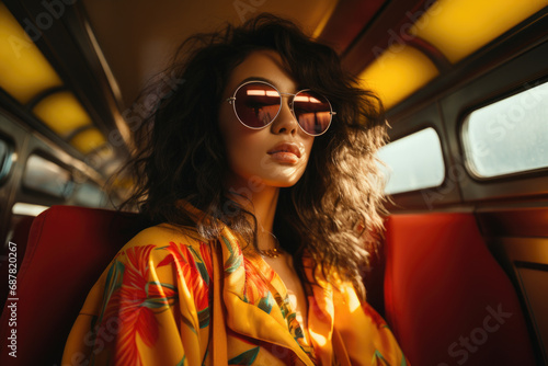 Woman sitting on bus wearing sunglasses. Suitable for travel or transportation-related concepts. © vefimov
