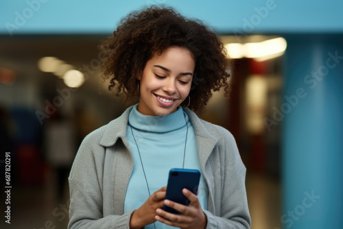 Woman is captured in moment of joy as she smiles while looking at her cell phone. This image can be used to depict happiness, technology, communication, or social media.