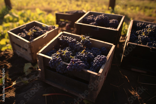 Group of wooden crates filled with abundance of grapes. Perfect for showcasing bountiful harvest or creating rustic farm atmosphere. © vefimov