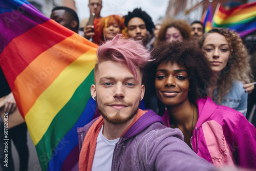 Man is capturing moment with rainbow flag in selfie. This image can be used to celebrate pride and LGBTQ events.