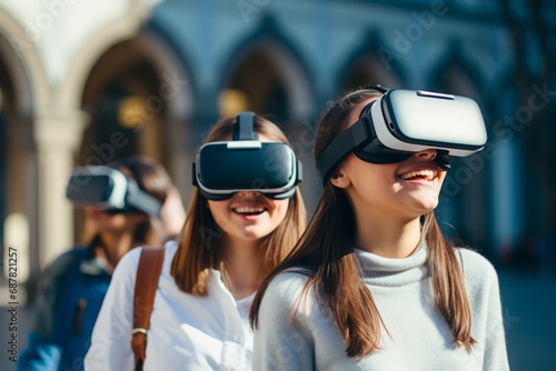 two young uninversity, college or high school teenage people wearing new revolutionary gaming technology - virtual or augmented reality glasses while walking outdoors