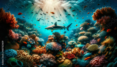 A reef shark drifts over beautiful colorful coral reef filled with vibrant marine life. © SpeedShutter