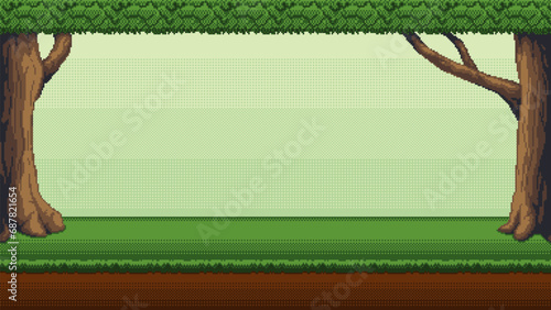 Forest pixel art background. 2d backdrop for 8-bit retro video game or mobile application. Seamless when docking horizontally.