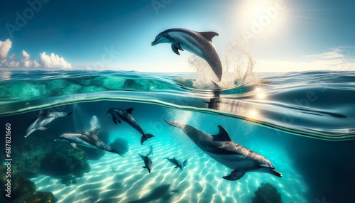  A large pod of bottle nosed dolphins swimming through the ocean underwater.Blue crystal clear turquoise water. 
