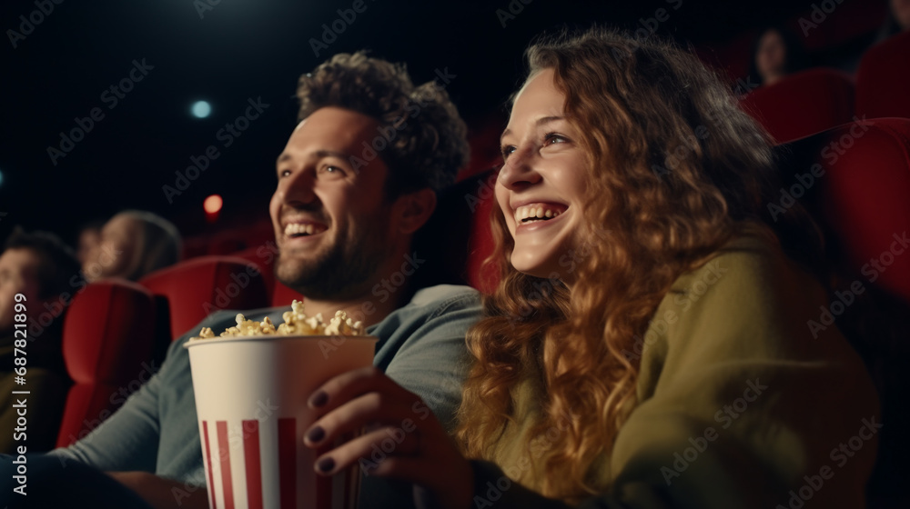 Young couple watching comedy movie at the cinema. Dating in evening.