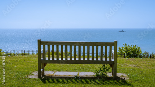 Bench overlooking the Channel at the Lower Leas Coastal Park in Folkestone, Kent, England