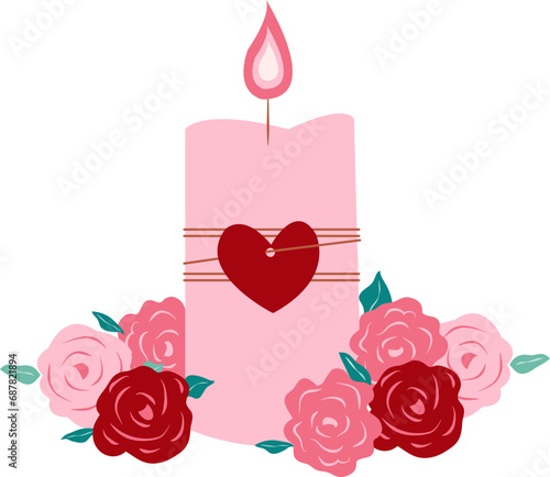 pink candle heart with roses bouquet clipart vector illustration for decoration invitation greeting birthday party celebration wedding card poster banner textiles wallpaper background