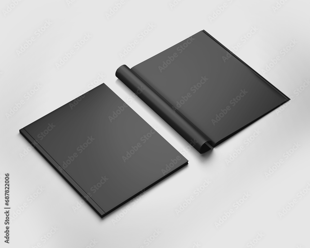 Two Black Magazines beside each other, Book, Booklet, Brochure, Blank Cover Mockup Template, Realistic, 3d Rendered isolated on light background.