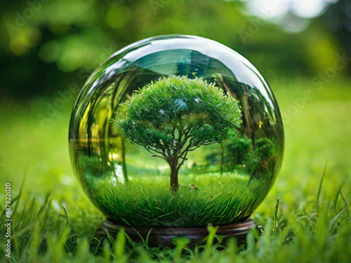 A glass globe on a greenry grass background