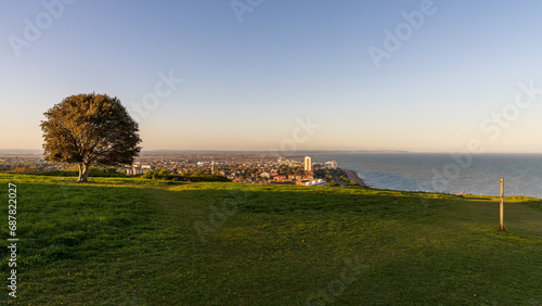 Evening view from Beachy Head to Eastbourne, East Sussex, England, UK