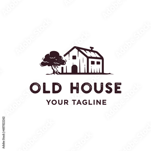 rustic retro old house wooden barn with big tree logo illustration