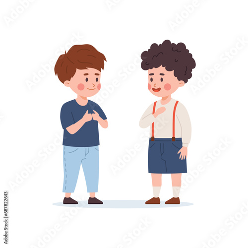 Children are talking on deaf sign language international, vector articulated gesture for communication deafness boys