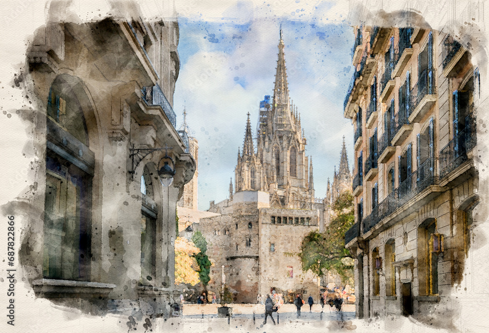 Barcelona Cathedral - Catedral de la Santa Cruz y Santa Eulalia (the Holy Cross and Saint Eulalia) in Barcelona, Spain in watercolor style illustration