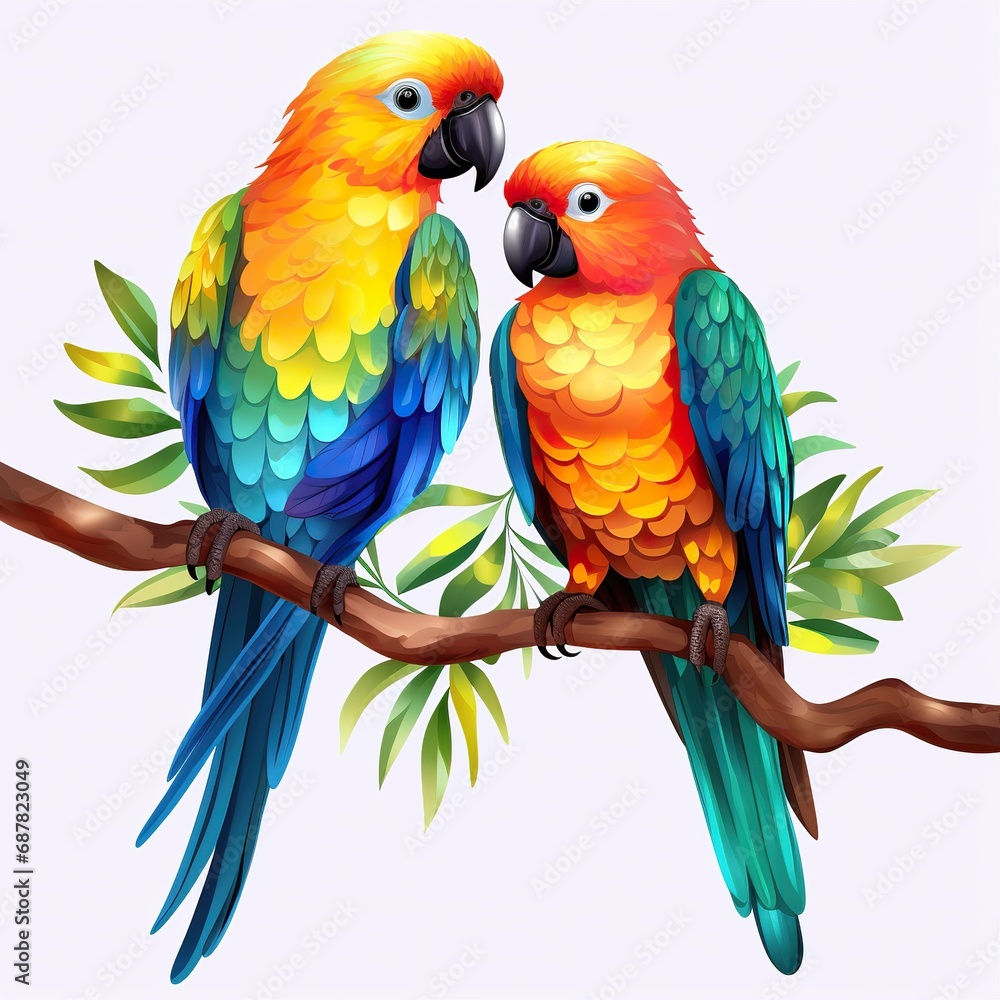 Colorful parrots perched on a branch, white background