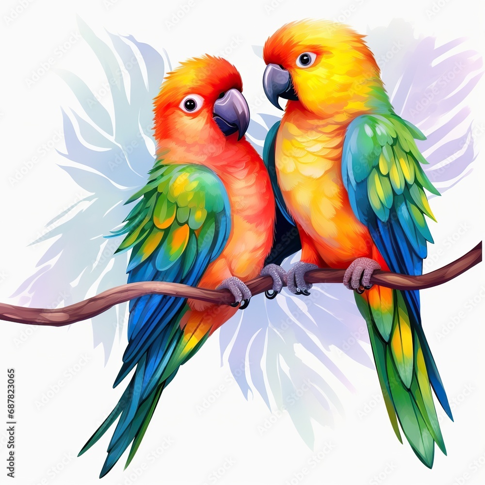 Obraz premium Colorful parrots perched on a branch, white background
