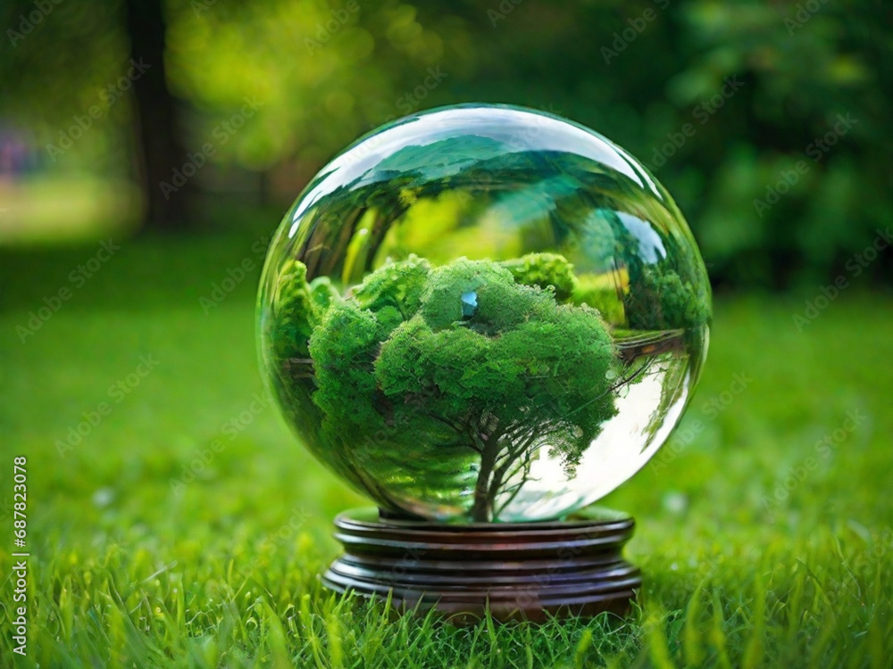 A glass globe on a greenry grass background