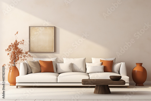 Interior of living room with white sofa, coffee table and vase. Interior of modern living room with brown walls, wooden floor, comfortable white sofa and mock up poster frame.