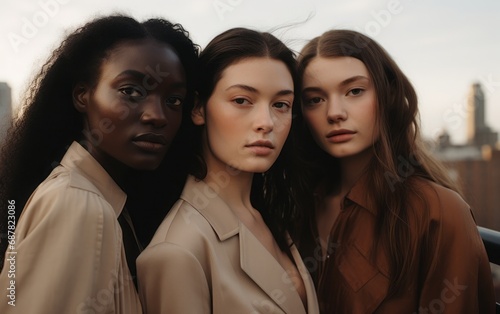 A group of three young beautiful models in the city. Brown and cream clothes, high fashion, conceptual hairstyle. Melancholic mood. Minimalism design. Good for the press. photo